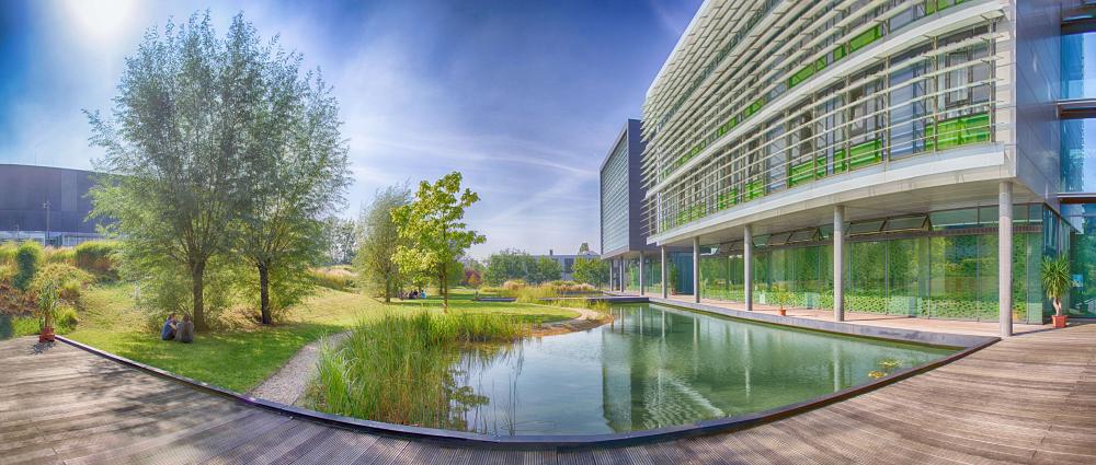 Weitwinkeliges Panorama des Teichs am Andreas-Pfitzmann-Bau